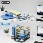 Lavatino Desk Organizer with File Holder, 5-Tier Paper Letter Tray Organizer with Sliding Drawer and 2 Pen Holder, Mesh Desktop File Organizer for Office Supplies (Black) - Image 4