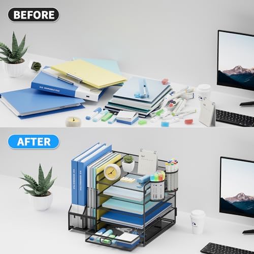 Lavatino Desk Organizer with File Holder, 5-Tier Paper Letter Tray Organizer with Sliding Drawer and 2 Pen Holder, Mesh Desktop File Organizer for Office Supplies (Black) - Image 4
