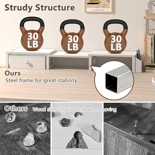 LAND·VOI Heavy Duty Dual Monitor Stand, Holds 2 Screens Up to 27 Inches, Adjustable Length and Angle Monitor Riser, Desk Organizer with Side Pockets and Drawers, Home Office Desk Storage, White - Image 2