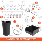 240PCS Pegboard Hooks Assortment, Pegboard Accessories Organizer Kit with Pegboard Bins, Pegboard Cups, 1/8 and 1/4 inch Peg Board Hooks for Hanging Tools, Garage Pegboard Wall Organization - Image 3