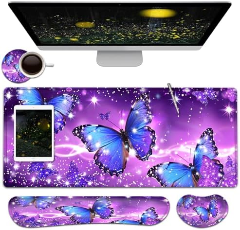 Large Mouse Pad + Keyboard Wrist Rest Set, Extended Gaming Mousepad (31.5X11.8 inch) with Non-Slip Rubber, Ergonomics Memory Foam Mouse Wrist Rest Support, Blue Butterfly Purple Pattern XXL Desk Pad by Unknown