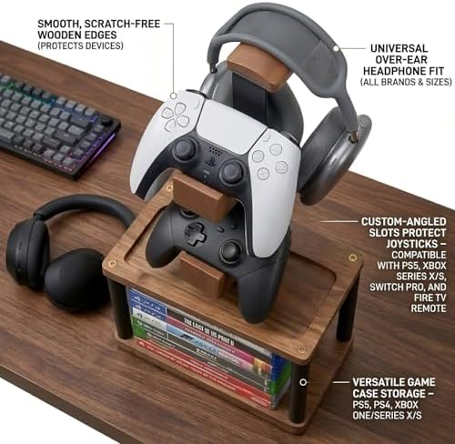 Solid Wood Controller Holder and Headphone Stand with Storage Base for Desk - Image 6