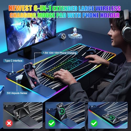 Mouse Pad with Phone Holder, Wireless Charging Desk Mat, RGB Gaming Mousepad Home Office Large Desk Pad with Ultra-Smooth Surface, Non-Slip Base, Waterproof Keyboard Pad,Wavy Black - Image 3
