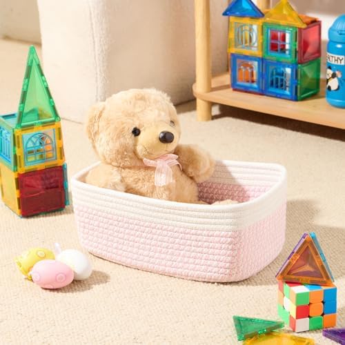 MiniArk Small Storage Baskets for Organizing | Closet Organizer Bins | Shelf Toy Basket | Woven Rope Baskets | Cube Decorative Box | Shallow Basket | 11.5x7.5x4.7” | 4 Packs White Pink - Image 4