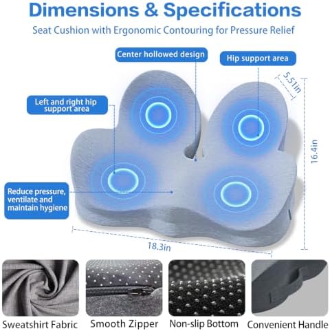 Memory Foam Seat Cushion for Sciatica & Tailbone Pain Relief – Comfort Support for Office Chair, Car Seat, Airplane, Long Sitting Workers & Drivers (Gray) - Image 3