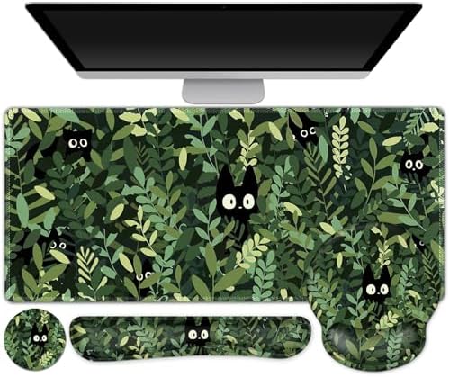 Large Desk Mat, Cute Anime Cats Gaming Mouse Pad, Desk Pad Protector, XXL Mousepad + Keyboard Wrist Rest+Mouse Wrist Rest+Coaster Set with Ergonomic Desk Pad for Home Office PC Computer, Green Leaves by ToLuLu