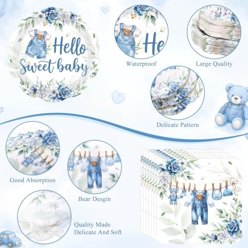 400 Pcs Blue Baby Boys Shower Party Supplies Hello Sweet Boy Floral Themed Disposable Paper Plates Napkins and Cups for It's a Boy Baby Shower Gendal Reavel Birthday Decorations - Image 2