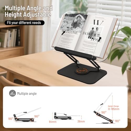 Acrylic Book Stand for Reading Hands Free - Adjustable 360° Rotating Cookbook Holder with Elastic Page Clips & Foldable Base, Multi-Angle Desktop Display Stand for Recipes, Laptops, Tablets, Bibles - Image 2
