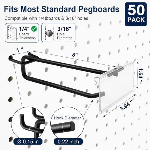 50 Pcs 8 Inch Pegboard Hooks with Label Holder for 1/4 Inch Peg Board - Image 2