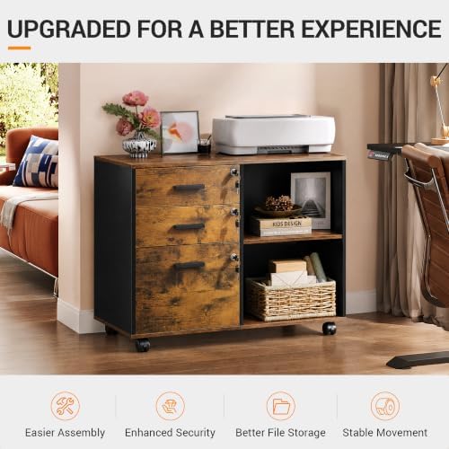 DEVAISE 3-Drawer File Cabinet with Lock, Wood Filing Cabinet, Rustic Brown - Image 3