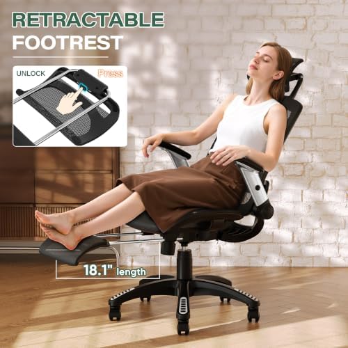GABRYLLY Ergonomic Office Chair, High Back Home Desk Chair with Footrest,3D Headrest, Flip-Up Arms, 135° Tilt and Wide Cushion, Heavy Duty Mesh Chairs for Task Computer Gaming, Black - Image 4