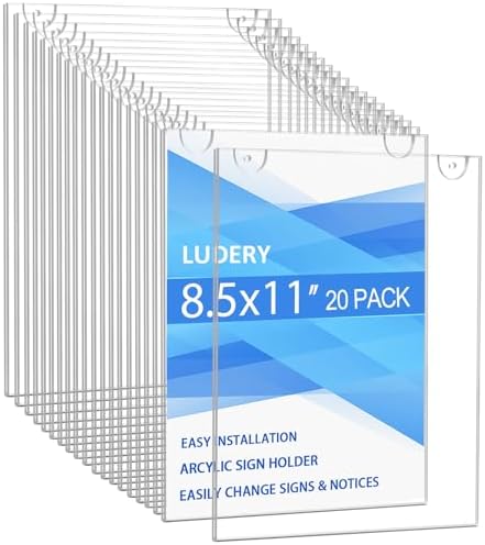 Acrylic Sign Holder 8.5x11 Vertical, Wall Mount Document Holder, Clear Plastic Picture Frame with Tape Adhesive and Screws for Office, Home, Store, Restaurant - 20 Pack by Ludery