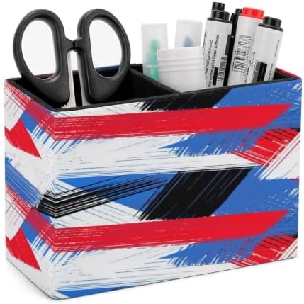 PU Leather Multi-Compartment Pen Holder Desktop Organizer Pencil Cup Storage Caddy for Office Home Supplies Bold Plaid Pattern with Wide Brushstrokes And Thin Stripes Hand Painted by Unknown