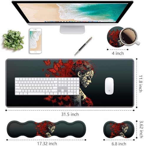 Ergonomic Keyboard Wrist Rest & Mouse Pad Wrist Rest Set, Large Gaming Desk Mat 31.5"x 11.8" with Non-Slip Base, Memory Foam, Easy Typing Pain Relief for Home & Office, Tattooed Girl and Red Butterfly - Image 2
