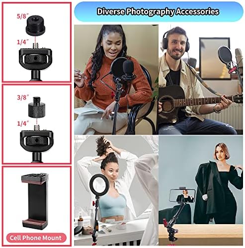 13"/34cm Magic Arm w Clamp, Camera Mount & Clamp w 1/4" 3/8" Threads and Articulating Friction Magic Arm, Overhead Phone Mount, Camera Boom Arm Mount for Light Webcam Mic Action Camera Monitor - Image 6