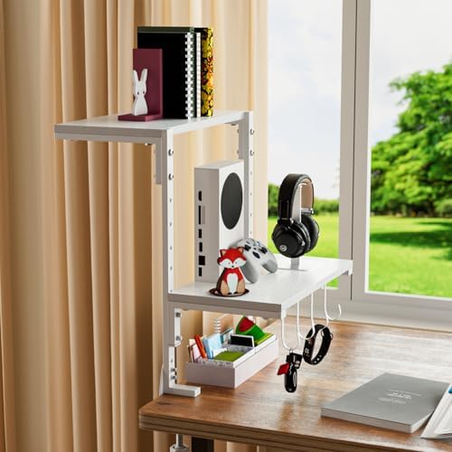 2-Tier Clamp On Desk Shelf, Clamp on Desk Shelf, 13 inch Adjustable Above or Under Wood Desk Storage Shelves, Heavy Duty Desktop Organizer for Working and Gaming Accessories, White - Image 5