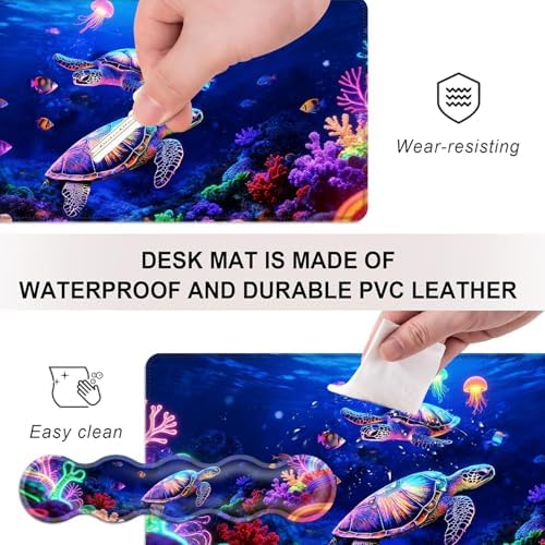 Mouse Pad,Large Desk Mat Set, 4in1 XL Mousepad + Keyboard Wrist Rest+Mouse Wrist Rest+Coaster with Ergonomic Desk Pad for Home Office Table Computer Cover -Neon Sea Turtles - Image 3