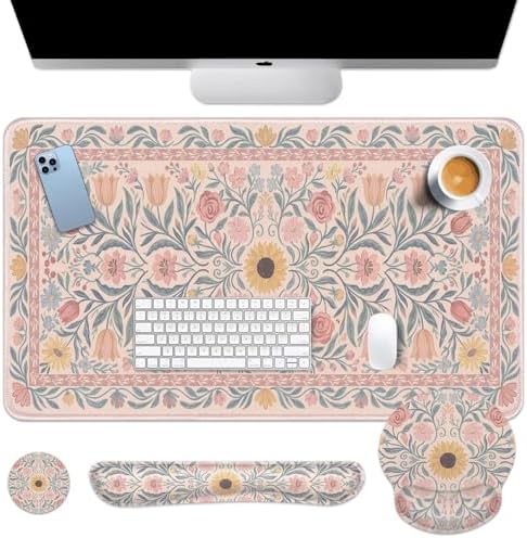 Arttown Keyboard Mouse Pad Set, 4 in 1 Desk Mat Set Floral Flower Spring by Arttown