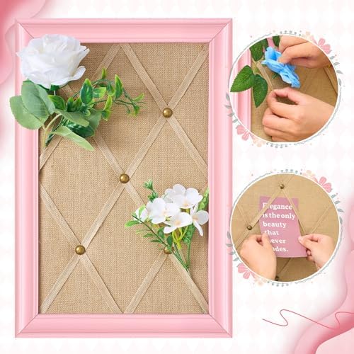 DoubleFill Pink Bulletin Board 16"×11" Linen Fabric Decorative Board Hanging Memo Boards with 20 Pushpins Large Cork Bulletin Boards for Home Office Decor Photos Display - Gold Linen with Pink Frame - Image 4