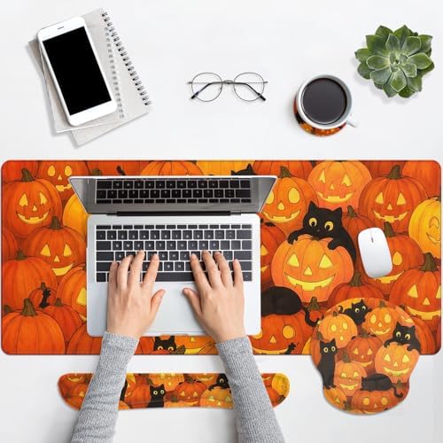 Britimes Keyboard Mouse Pad Set, 4 in 1 Desk Mat Set, Halloween Cat Pumpkin - Image 7