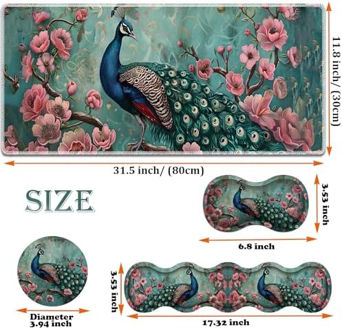Large Gaming Mouse Pad + Keyboard Wrist Rest + Wrist Support + Coaster Set, Memory Foam Ergonomic for Easy Typing, XXL Extended Gaming Mouse Pad Table Pad - Peacock - Image 6