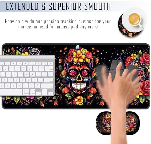 TGFEWYTJYJ Extended Gaming Mouse Pad,Memory Foam Ergonomic Keyboard Mouse Wrist Rest Support Set,Large Desk Mat with Stitched Edges,Non-Slip Base Mousepad Home Office,Skull in Flowers - Image 4