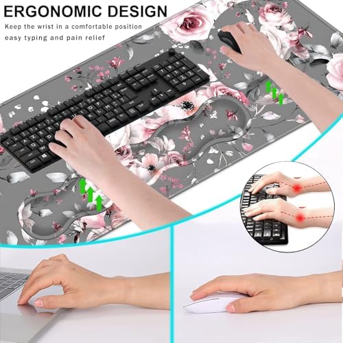 Mouse Pad,Large Pink Desk Mat, 4in1 XXL Mousepad + Keyboard Wrist Rest+Mouse Wrist Rest+Coaster Set with Ergonomic Desk Pad for Home Office Table Computer-Gray Rose Floral - Image 6