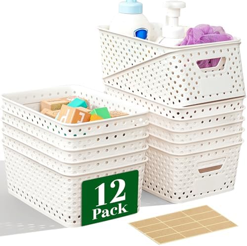 12 Pack Plastic Storage Baskets for Organizing, Storage Baskets for Shelves with Handles, Small Storage Bins with Labels, Classroom Storage Organization for Cabinet,Closet, Office by Unknown