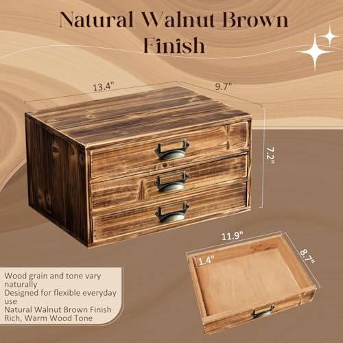 Stackable Modular Desktop Drawer Organizer, Solid Vintage Wood 3-Drawer Storage Unit with Label Pull Handles, Burnt Aged Wooden Japandi Style, Expandable by Adding More Units for Clutter-Free Spaces - Image 2