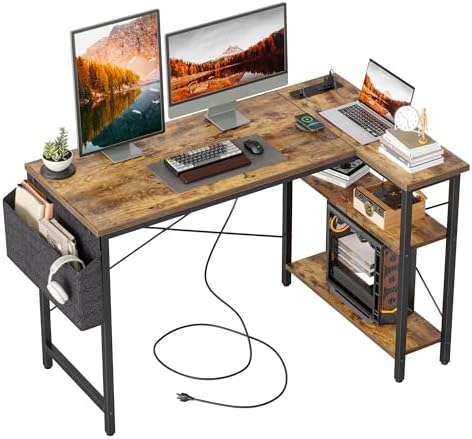 TIQLAB L Shaped Computer Desk with Power Outlets, 47 Inch Small Corner Desk with Reversible Shelves, Gaming Desk Computer Table Study Writing Desk for Home Office Small Space, Rustic Brown by TIQLAB