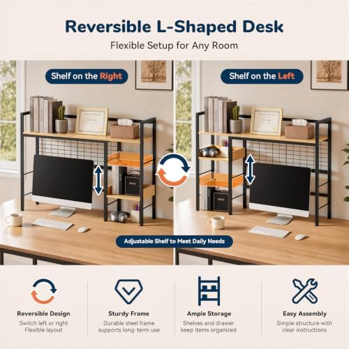 Desk Shelf, 38.6" Desk Hutch with Pegboard Hooks Set, Natural - Image 3