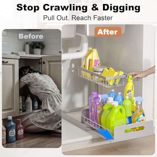 REALINN Under Sink Organizer, L-Shaped 2 Tier Pull Out Cabinet Organizer - Image 4