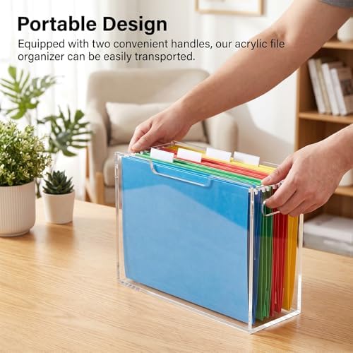 Acrylic File Folder Organizer, Clear Hanging Organizer Box for Letter Size, 5mm Thick Desktop File Holder with Handles, Slim Filing Storage Box for Desk Office Home - 1 Pack - Image 3