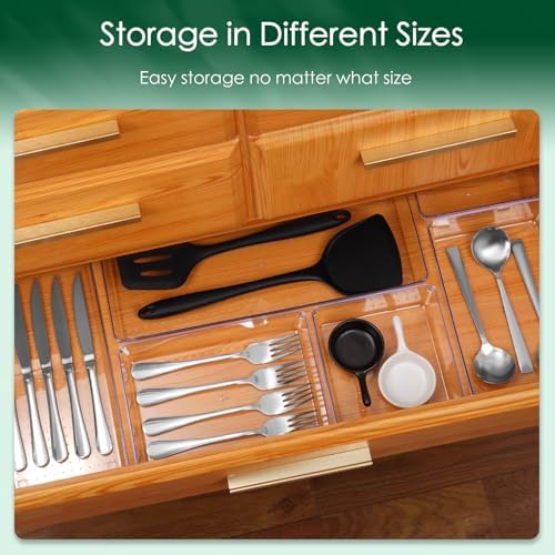 Criusia Drawer Organizer Set, Acrylic Non Slip Non Cracking Kitchen Drawer Storage Tray Large Size Divider, Multifunctional Storage for Cosmetics, Bathroom, Tools, Kitchen and Office (8 PACK) - Image 4
