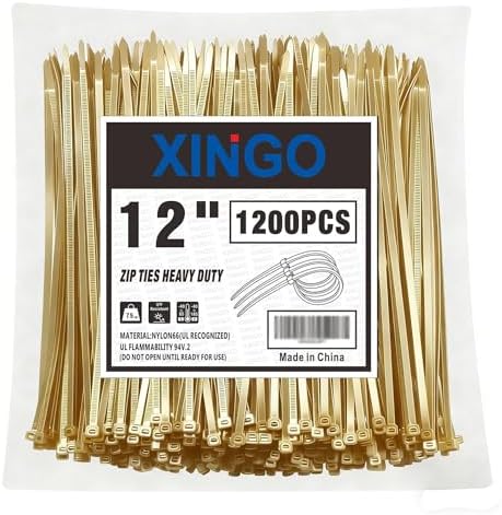 XINGO 12 Inch Gold Zip Ties 1200 PCS, 75 LBS Tensile Strength, UV Resistant Cable Ties, Premium Self-locking Plastic Ties for Indoor and Outdoor Use by XINGO