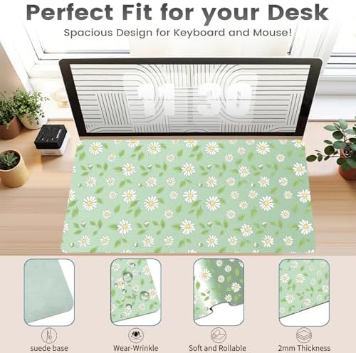 Watercolor Daisy Office Desk Mat 31.5" x 15.7" Desktop Mat PU Leather Large Mouse Pad White Mousepad Non-Slip Table Mat for Girls, Women, Home, Work, Computer, and Gaming - Image 3