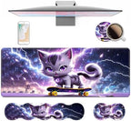 4 in 1 Ergonomic Keyboard Wrist Rest & Mouse Pad Wrist Rest Set, Large XXL Gaming Desk Mat 31.5"x 11.8" with Non-Slip Base, Memory Foam for Home Office Study Gaming, Cute Cat Playing Scooter by Unknown