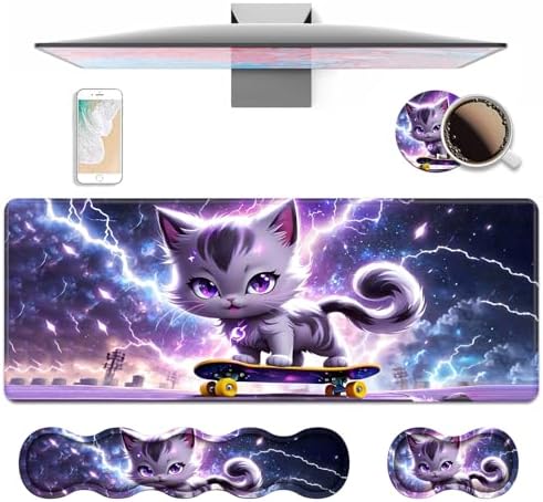 4 in 1 Ergonomic Keyboard Wrist Rest & Mouse Pad Wrist Rest Set, Large XXL Gaming Desk Mat 31.5"x 11.8" with Non-Slip Base, Memory Foam for Home Office Study Gaming, Cute Cat Playing Scooter by Unknown