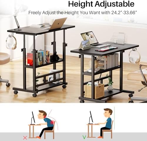Adjustable Height Standing Desk, Rolling Stand Up Desk with Storage Shelves, 31.5" Small Mobile Computer Desk, Portable Laptop Table (Simple Black) - Image 3