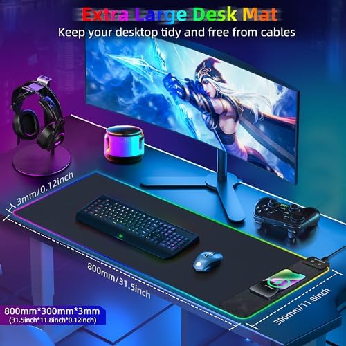 Gaming Mouse Pad, Wireless Charging Mouse Pad Gaming, 31.5"x11.8" Large RGB Desk Mat for Laptop/Computer/Keyboard, 9 Light Modes, Waterproof Smooth Surface, Non-Slip Base, Black - Image 2