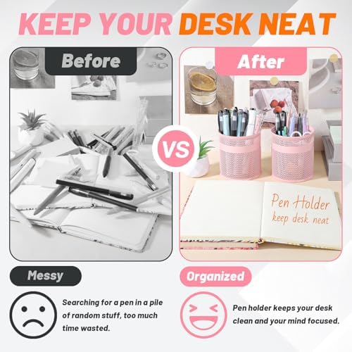 Segarty Pencil Holder, 6 Pack Pink Pen Holder for Desk, 3.9 x 4.2 inch Large Mesh Round Pen Cup Container Set Desktop Accessories Organizer for Office Supply, School Classroom, Makeup Brush - Image 4