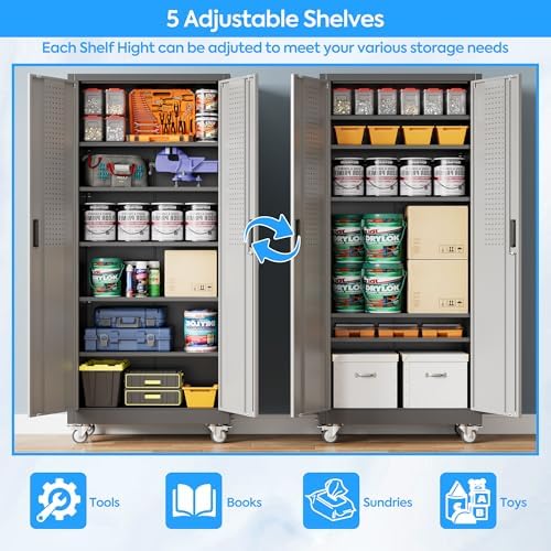 SUXXAN 71" H Metal Garage Storage Cabinet with Wheels,Pegboard,5 Shelves,BG - Image 4