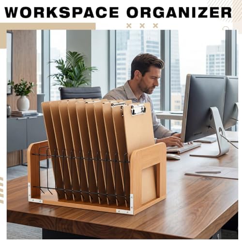 1 Pcs Vertical Clipboard Holder, 12Slot Clipboard Storage Rack, Bamboo Wood - Image 6