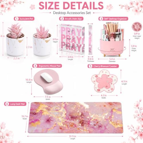 Pink Desk Decor Set of 7, PU Leather Desk Mat Set, Office Decor for Women - Image 2