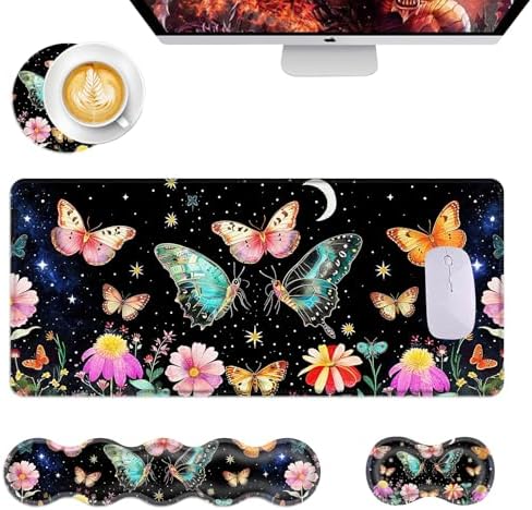 Mouse Pad,Large Desk Mat Set, 4in1 XL Mousepad + Keyboard Wrist Rest+Mouse Wrist Rest+Coaster with Ergonomic Desk Pad for Home Office Table Computer Cover -Butterfly Moon Flower by Unknown