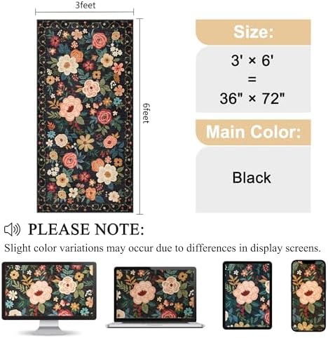 DUKINO 3x6 Runner Rug, Non Slip Floral Washable Rug for Kitchen, Black - Image 2