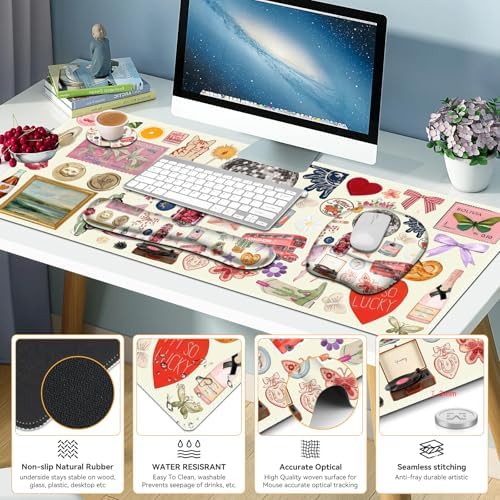 Beige Mouse Pad with Wrist Support 4 in1 Set, XXL Big Game Mousepad + Keyboard Wrist Rest + Mouse Wrist Rest Pad +Coaster Gaming Mat for Home Office Work Computer I Cute Design Stickers - Image 6