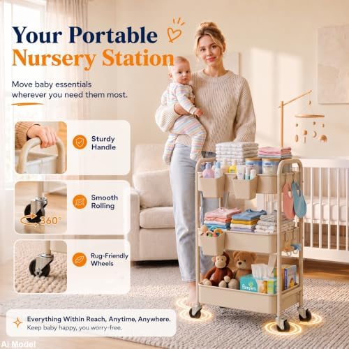 Beige 3 Tier Rolling Storage Cart Metal on Wheels, Cream Diaper Caddy Carts - Image 2