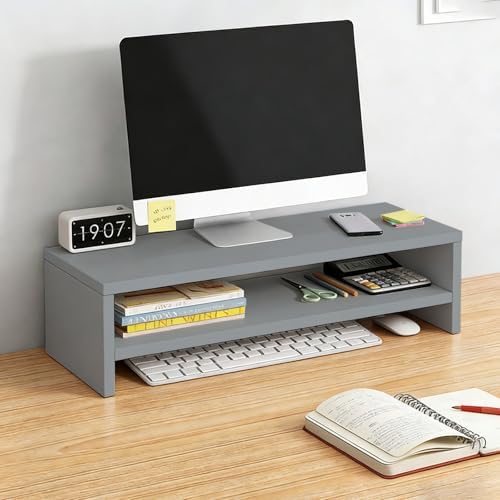 Solid Wood Monitor Stand Riser & Laptop Stand Desk Organizer - Office Accessories for PC Workspace, Computer Organization, Countertop Hutch Light Grey 19.7x7.9x5.2in by Unknown