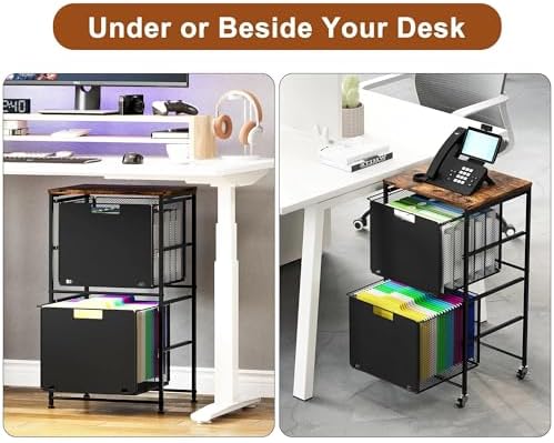 EasyPAG Rolling Storage Cart with 2 Drawers, Under Desk File Cabinet on Lockable Wheels, Movable Letter Size Hanging File Folder Organizer with Wooden Printer Stand for Home Office, Black - Image 4